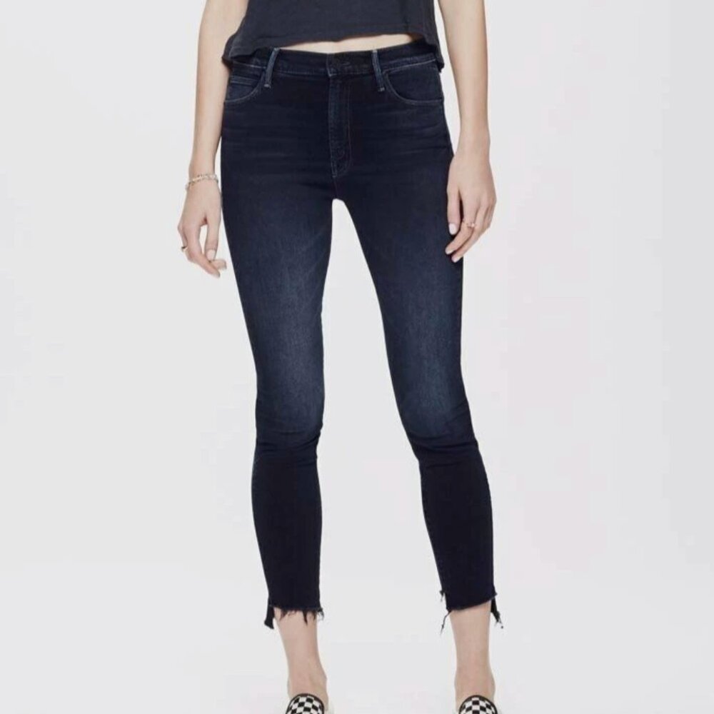MOTHER The Stunner Zip Two Step Fray Jeans Size 25 Dark Blue Last Call Fringe